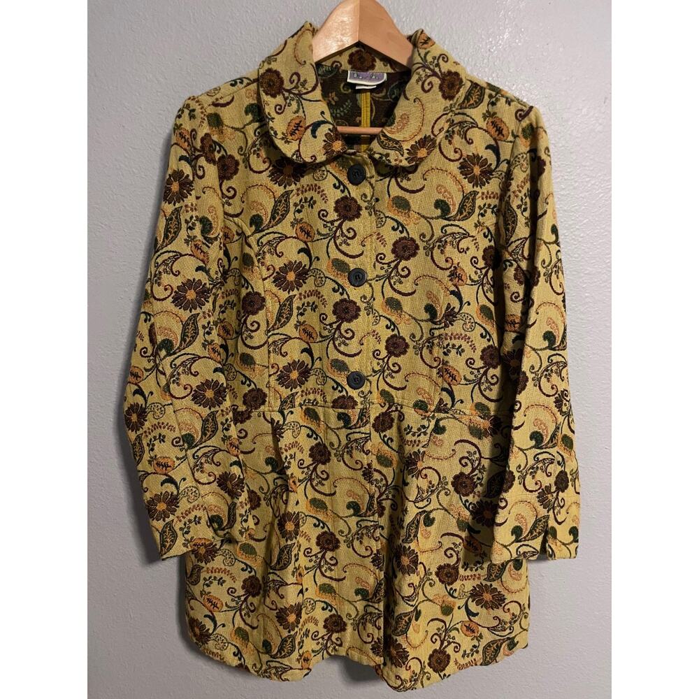 VTG Eucalyptus Coat Womens XS Yellow Beige Floral Tapestry Button Up Artsy Boho